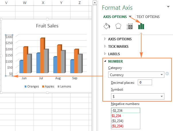 Excel format axis pane with number formatting options