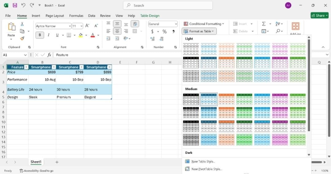 Excel table design tab for dynamic source data
